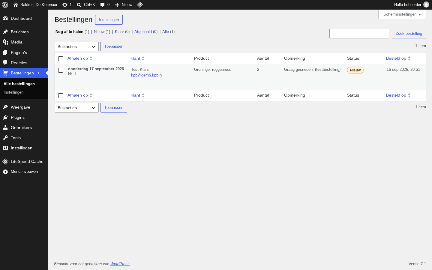 Bestelplugin voor brood: formulier, eigen tabel, beheer met statussen en mails