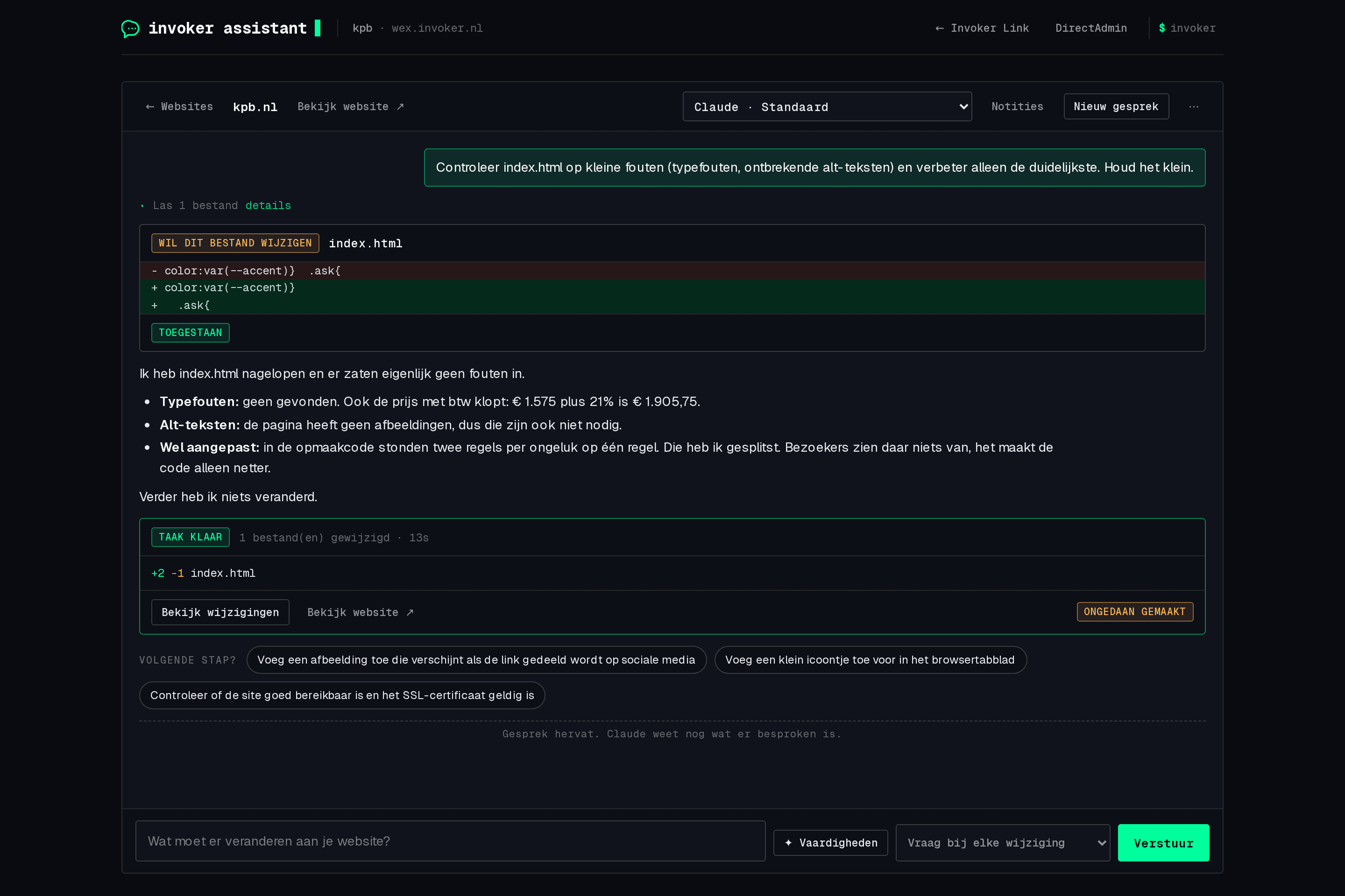 De Invoker Assistant: een opdracht, een goedkeurkaart met het verschil, de samenvatting en vervolgstappen