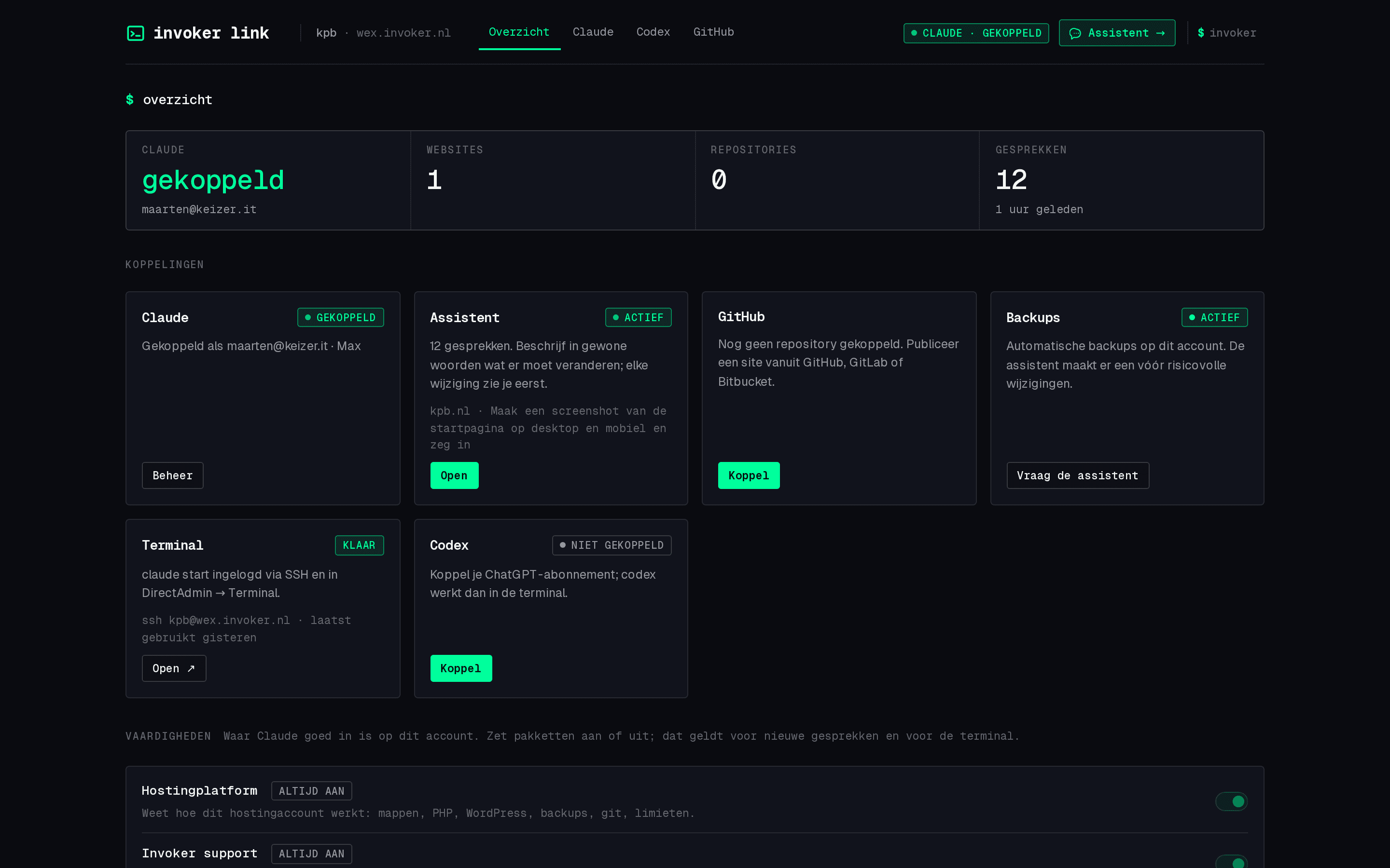 Het Overzicht in Invoker Link: koppelingen, vaardigheden en per website een preview
