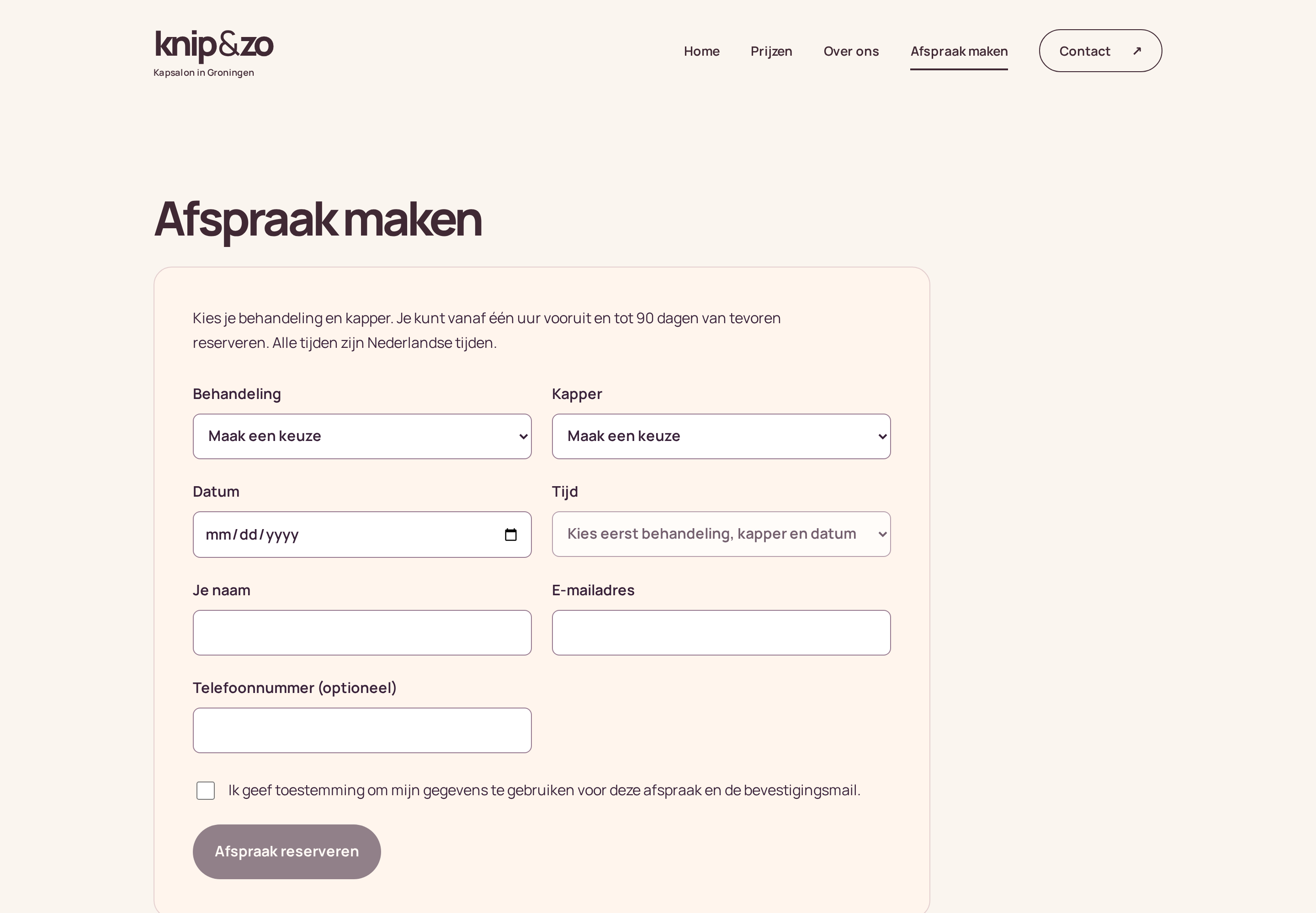 De afspraakpagina na het invullen van de gegevens: behandeling, kapper, datum en tijd