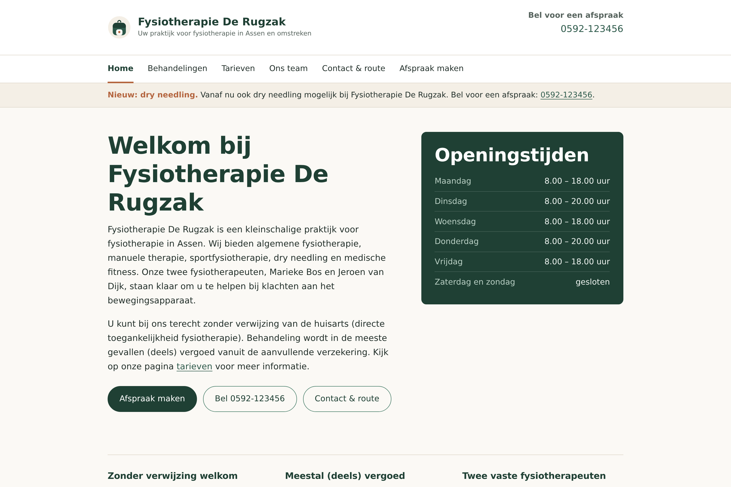 De nieuwe homepage van Fysiotherapie De Rugzak op desktop
