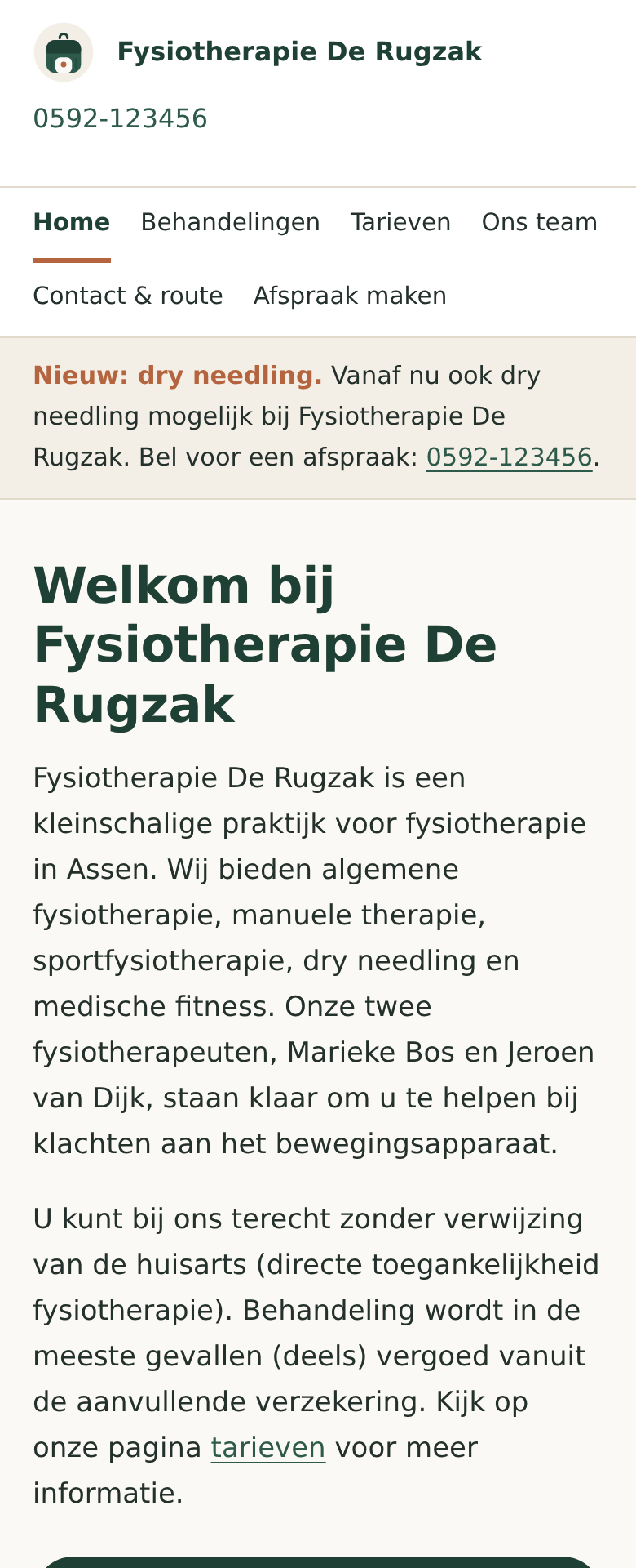 De homepage op een telefoon, na de correctie in taak 4